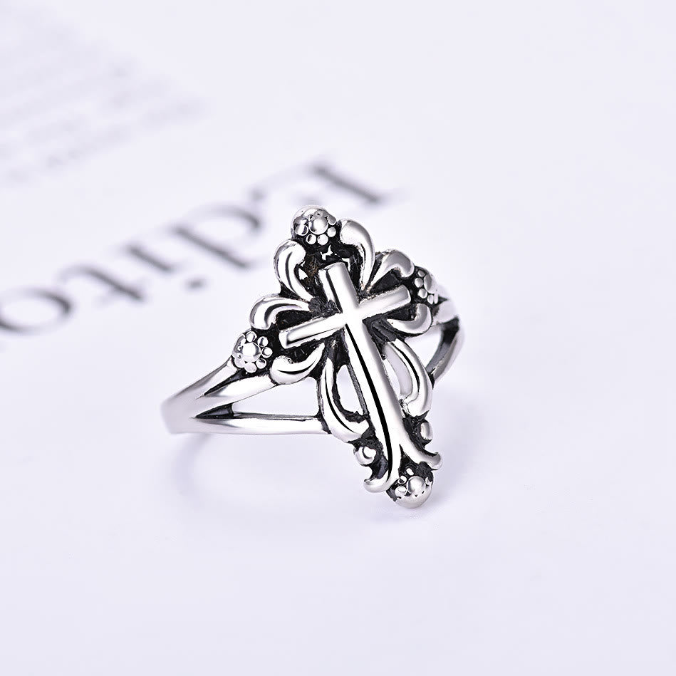 Christianartworkshop Vintage Silver-Black Gothic Relief Faithforge Cross Ring for Daily Protection - Adjustable - image 0