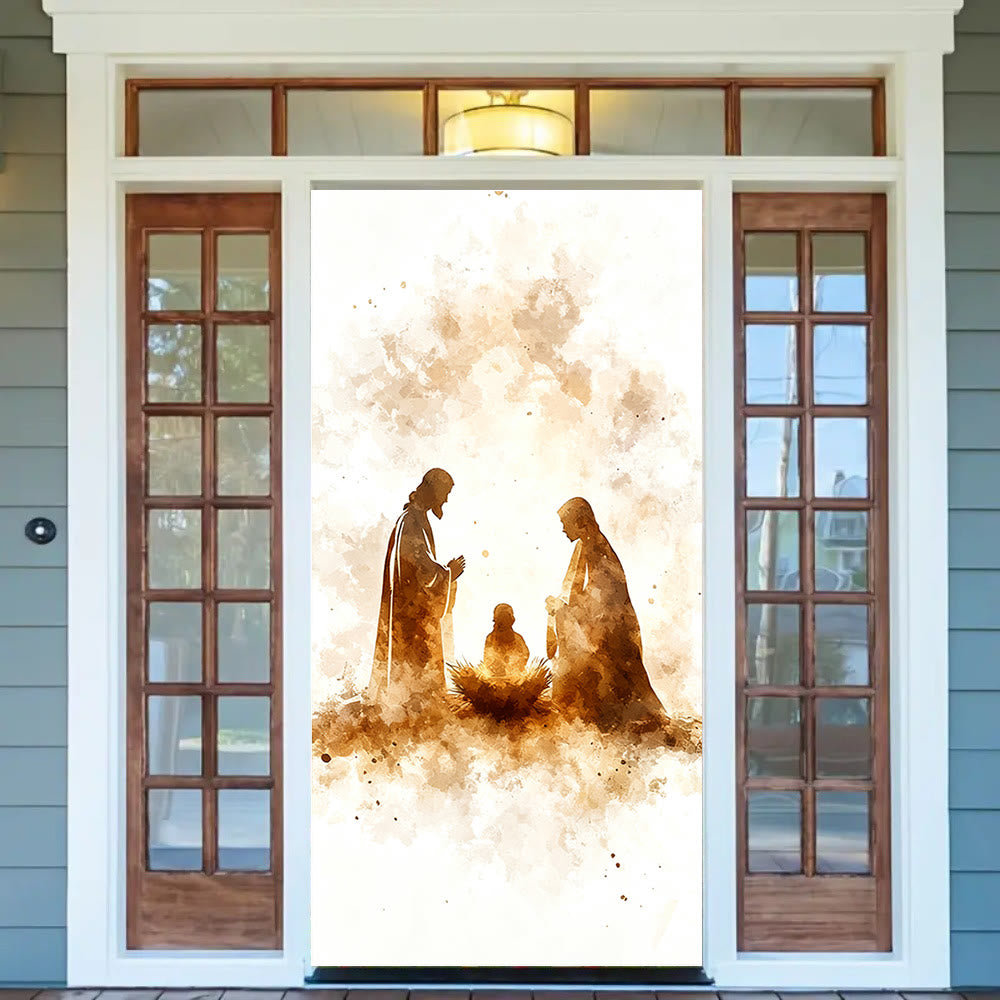 Christianartworkshop Watercolor Nativity Silhouette Door Curtain: Christmas Faith & Serene Charm - image 1