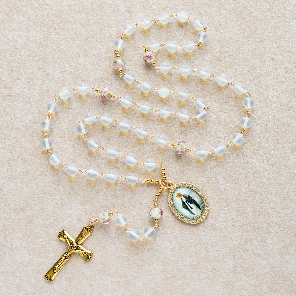 Christianartworkshop White Opal Bead Rosary with Floral Glass Accents & Sacred Crucifix - image 1