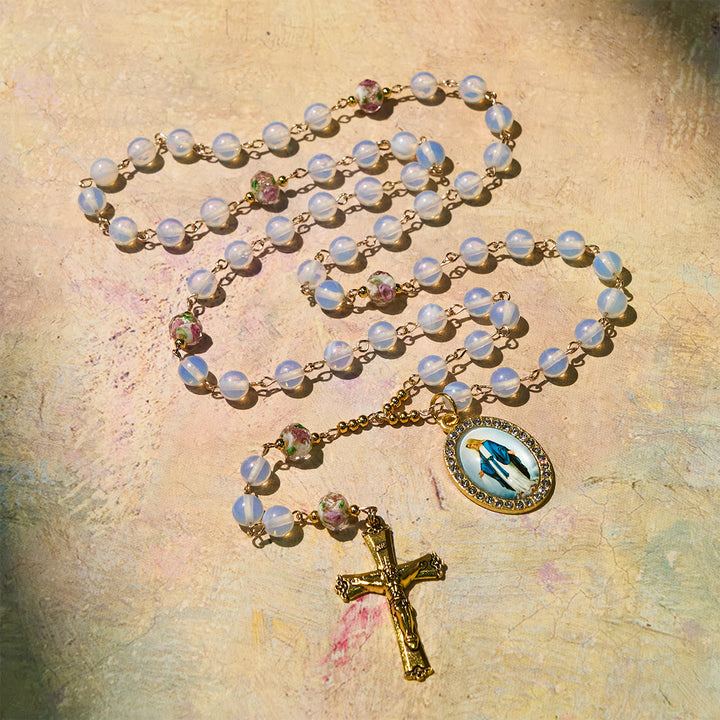 Christianartworkshop White Opal Bead Rosary with Floral Glass Accents & Sacred Crucifix - image 6