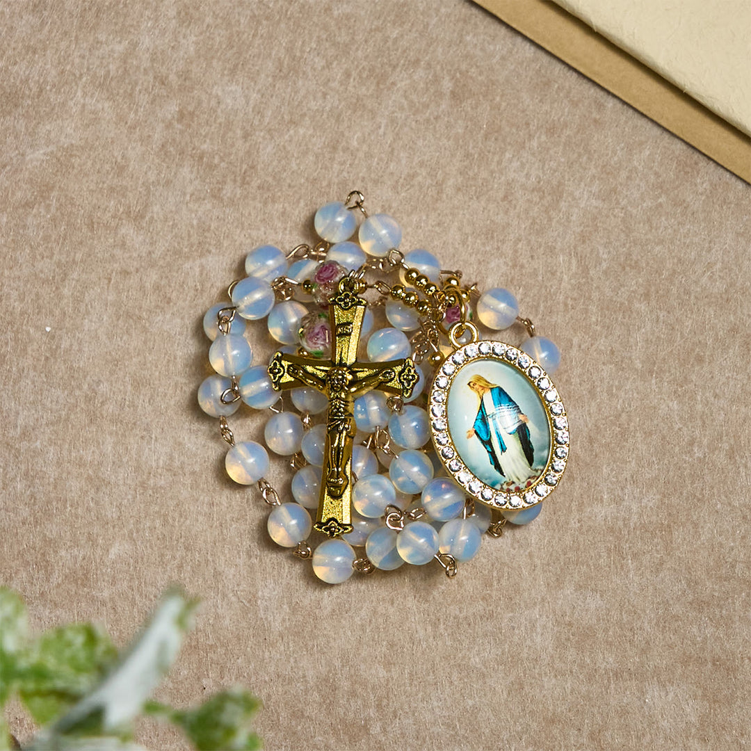 Christianartworkshop White Opal Bead Rosary with Floral Glass Accents & Sacred Crucifix - image 8