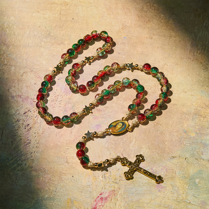 Christianartworkshop Christmas Glass Bead Rosary: Our Lady of Guadalupe Medal & Golden Crucifix - image 3