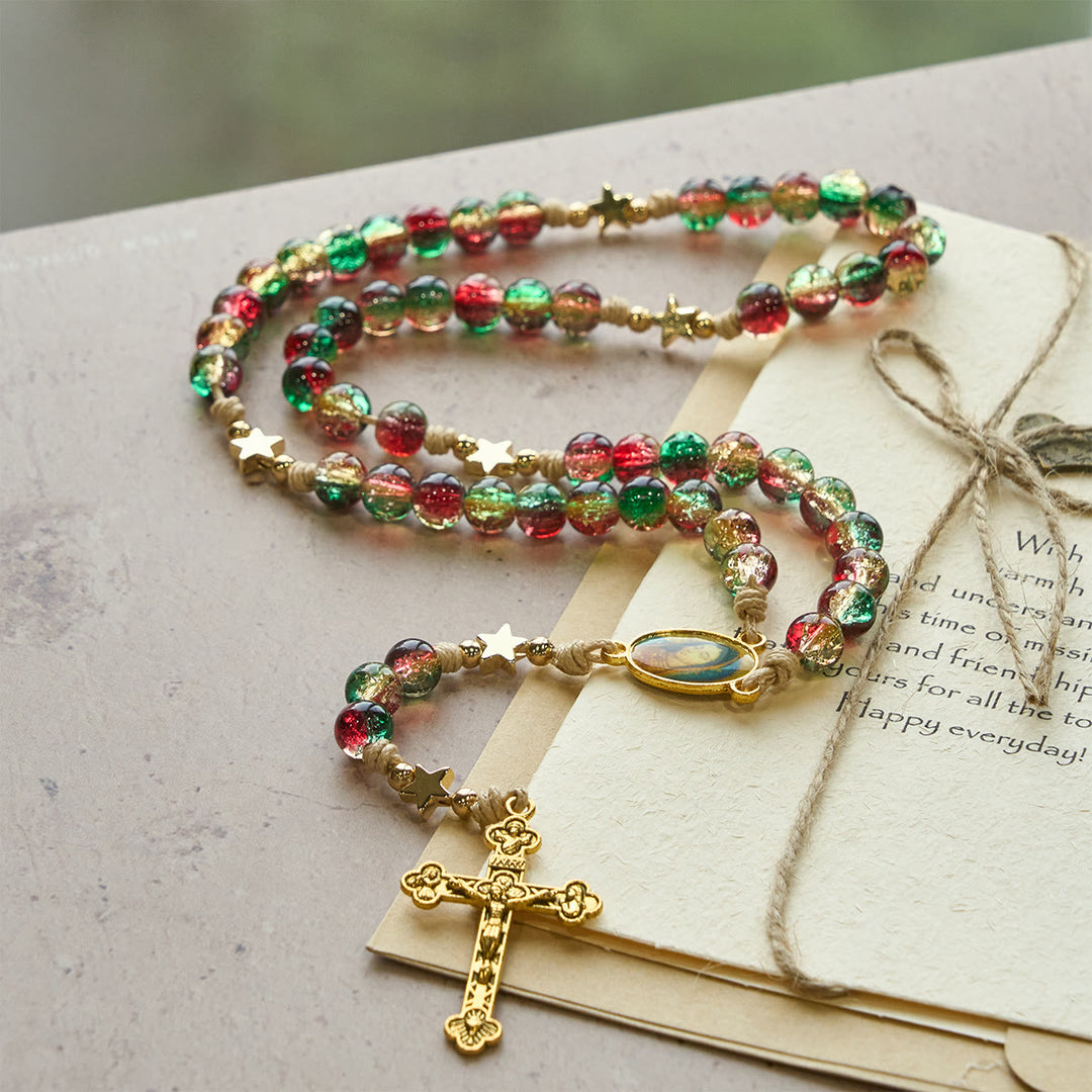 Christianartworkshop Christmas Gift: Christmas Glass Bead Rosary: Our Lady of Guadalupe Medal & Golden Crucifix - image 9