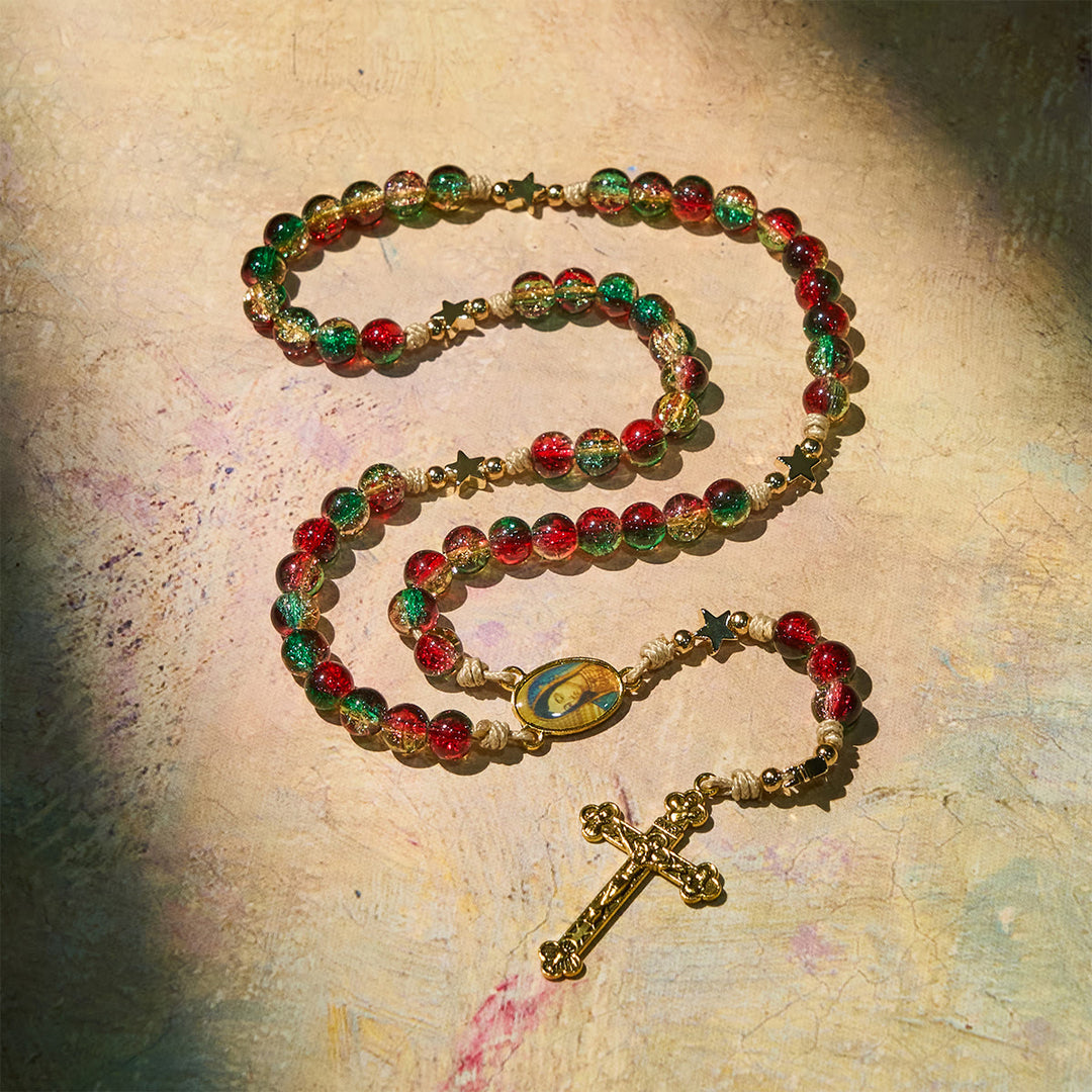 Christianartworkshop Christmas Gift: Christmas Glass Bead Rosary: Our Lady of Guadalupe Medal & Golden Crucifix - image 6
