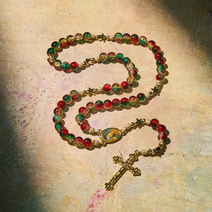 Christianartworkshop Christmas Gift: Christmas Glass Bead Rosary: Our Lady of Guadalupe Medal & Golden Crucifix - image 6