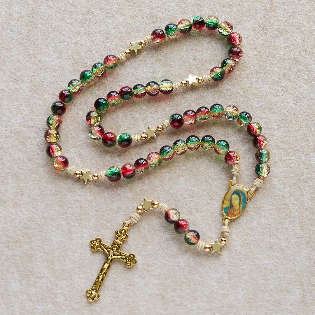 Christianartworkshop Christmas Glass Bead Rosary: Our Lady of Guadalupe Medal & Golden Crucifix - Our Lady of Guadalupe Medal & Crucifix - image 0
