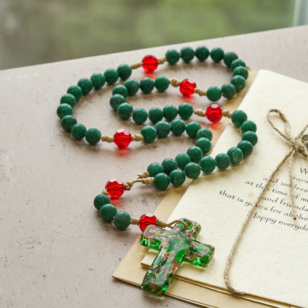 Christianartworkshop Christmas Gift: Green Patterned Stone Rosary for Devout Prayer: Green-Golden Glass Cross - image 5
