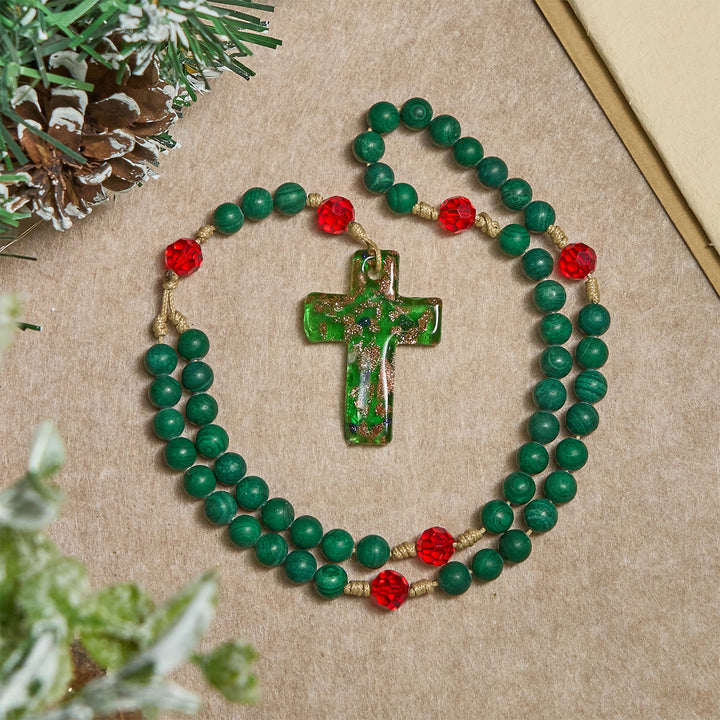 Christianartworkshop Christmas Gift: Green Patterned Stone Rosary for Devout Prayer: Green-Golden Glass Cross - image 11