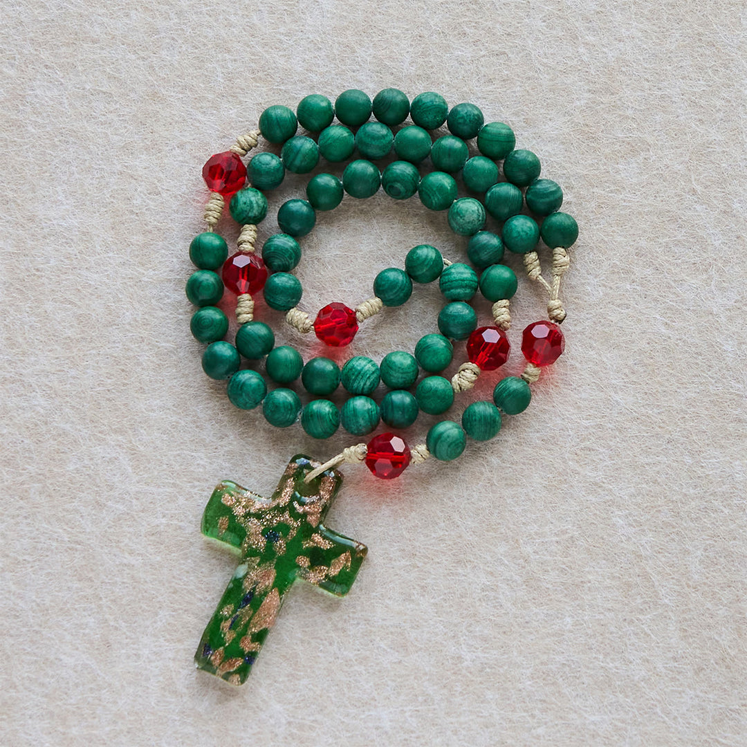 Christianartworkshop Christmas Gift: Green Patterned Stone Rosary for Devout Prayer: Green-Golden Glass Cross - image 4