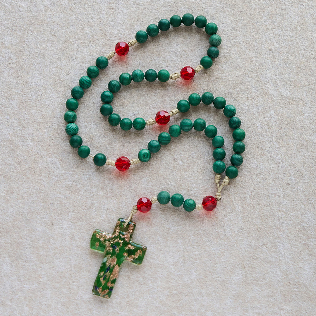Christianartworkshop Christmas Gift: Green Patterned Stone Rosary for Devout Prayer: Green-Golden Glass Cross - image 9