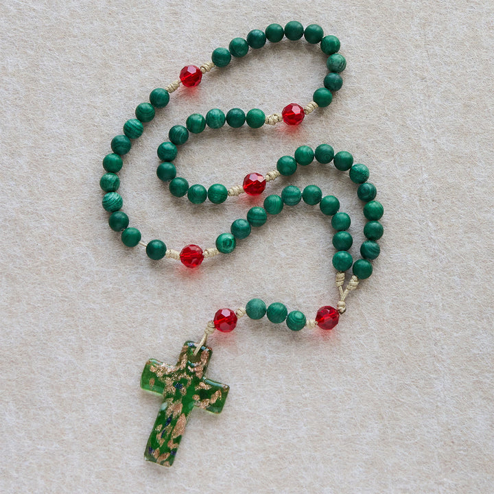 Christianartworkshop Christmas Gift: Green Patterned Stone Rosary for Devout Prayer: Green-Golden Glass Cross - image 9
