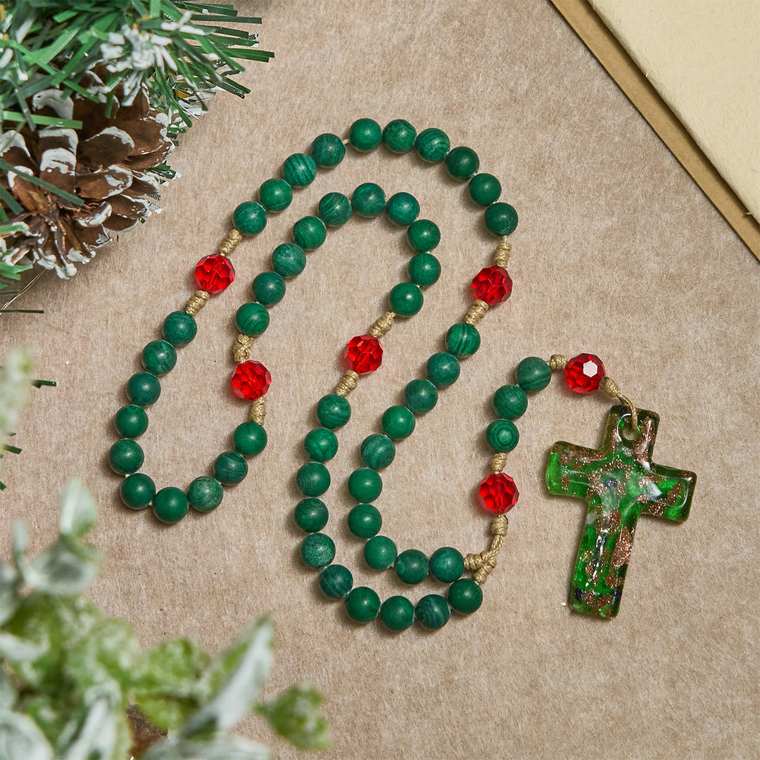 Christianartworkshop Green Patterned Stone Rosary for Devout Prayer: Green-Golden Glass Cross - image 4
