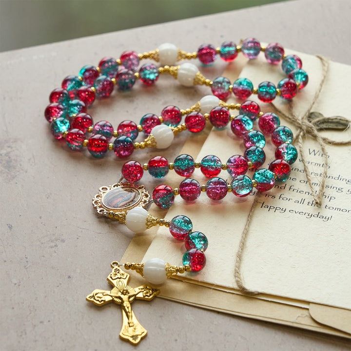 Christianartworkshop Christmas Gift: Christmas Red-Blue Glass Bead Rosary: Our Lady Medal & Ornate Cross - image 6