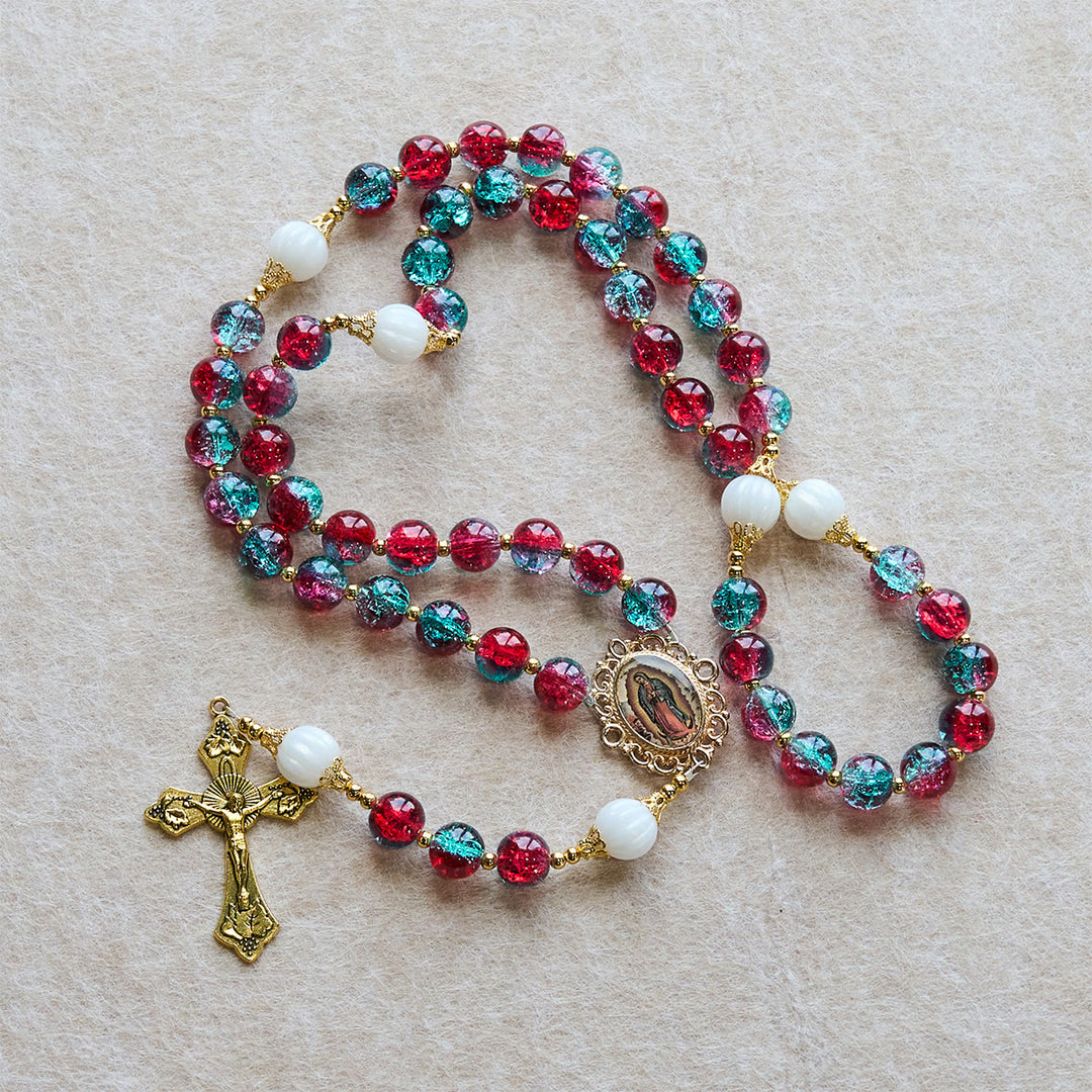 Christianartworkshop Christmas Gift: Christmas Red-Blue Glass Bead Rosary: Our Lady Medal & Ornate Cross - image 11