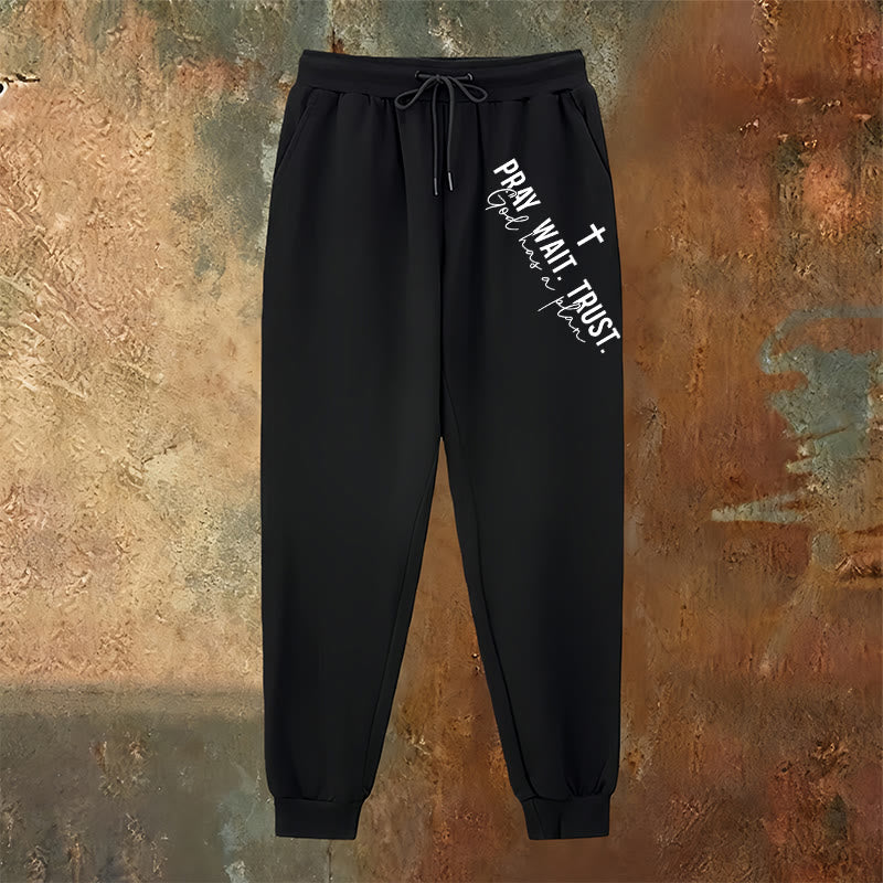 Christianartworkshop Pray Wait Trust Statement Sweatpants: Side-Hip Faith Mantra - image 2