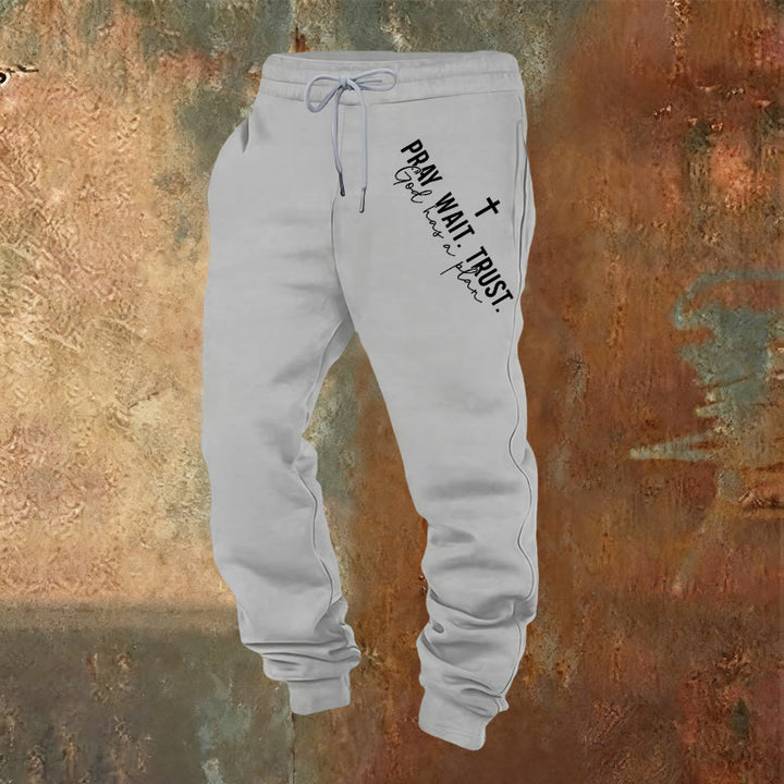 Christianartworkshop Pray Wait Trust Statement Sweatpants: Side-Hip Faith Mantra - Light Grey - 2XL - image 8