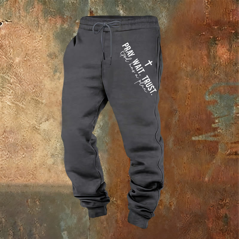 Christianartworkshop Pray Wait Trust Statement Sweatpants: Side-Hip Faith Mantra - Warm Grey - 2XL - image 12