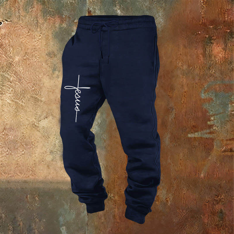 Christianartworkshop Minimal Jesus Cross Script Sweatpants: Every Step with Jesus - Navy Blue - 2XL - image 8