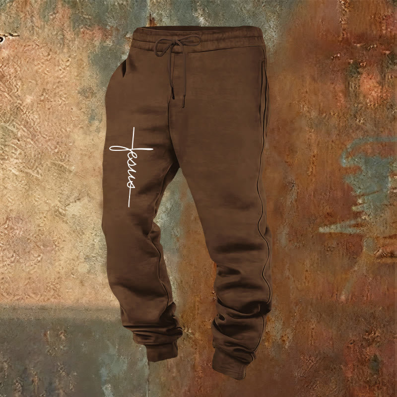Christianartworkshop Minimal Jesus Cross Script Sweatpants: Every Step with Jesus - Brown - 2XL - image 20