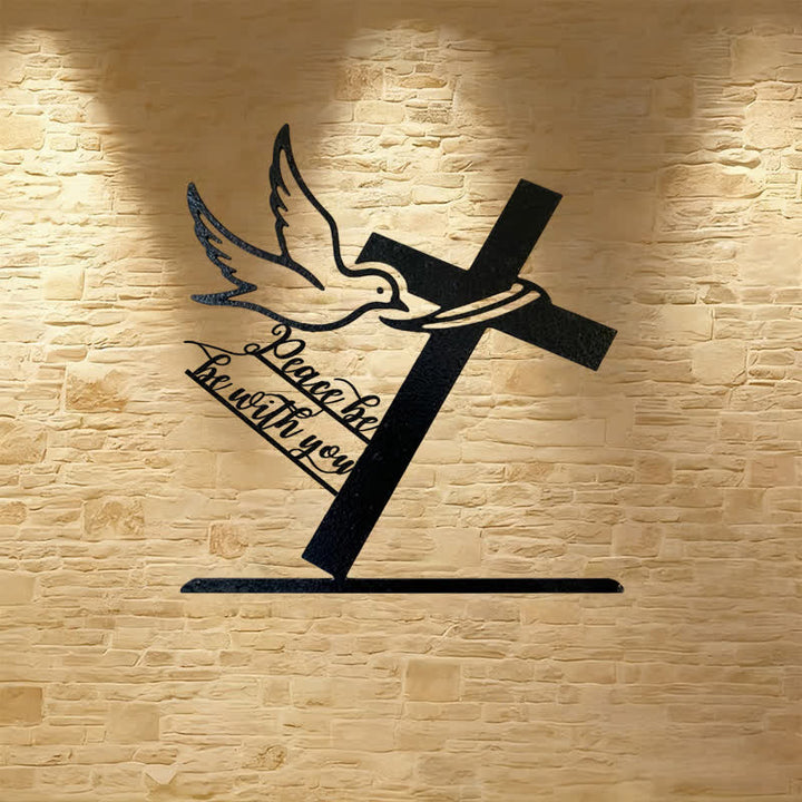 Christianartworkshop Peaceful Blessings Cross and Dove Metal Wall Decor: Be Strong and Courageous - Black - 11.22''*11.81''/28.5*30cm - image 0