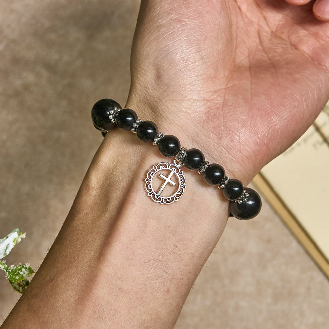 Christianartworkshop Spiritual Armor Black Obsidian Bracelet with Cross Charm: Pray without Fear - image 1