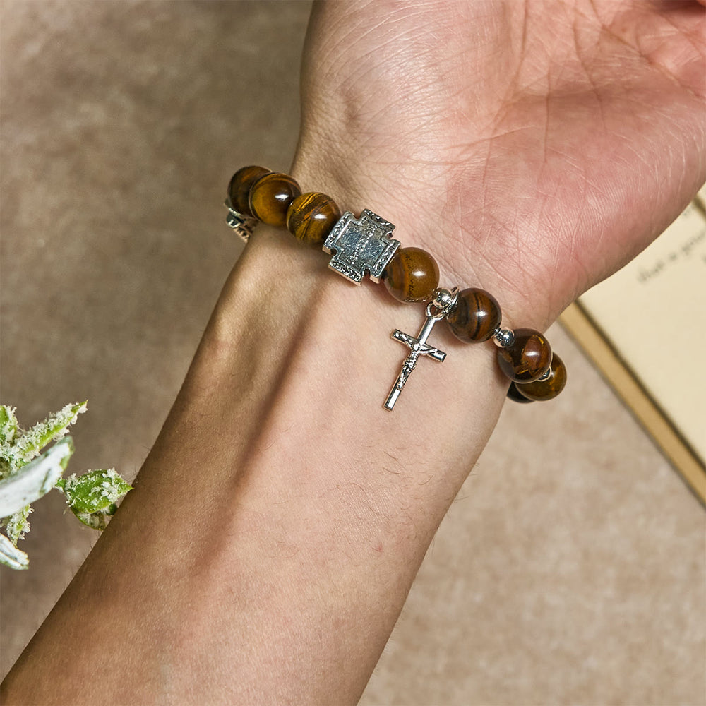 Christianartworkshop Courage in Christ Tiger Eye Stone Bracelet with Cross Charm: Pray without Fear - image 1