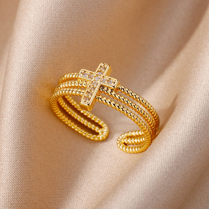 Christianartworkshop Sparkling Cross Ring: Zircon - Studded Design for Faith - Driven Gifting - Golden(Suitable for AU Size L1/2 - AU Size T1/2) - image 0