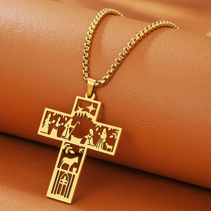 Christianartworkshop Cross with Nativity Cutout Necklace: Timeless Faith Symbol for Christmas - Golden - image 0