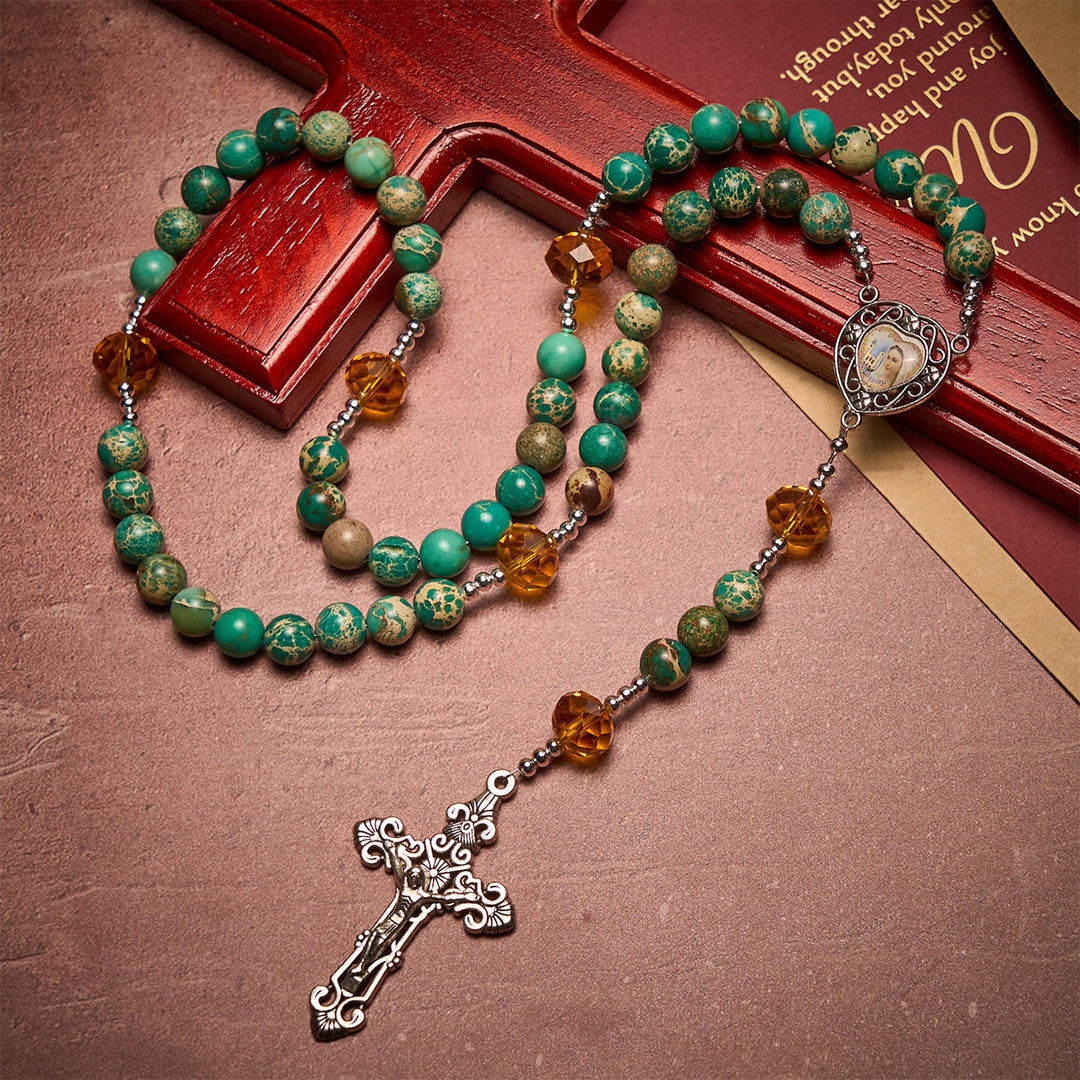 Christianartworkshop Peace through Mary's Heart Rosary in Turquoise and Amber Hues - Our Lady & Crucifix - image 0