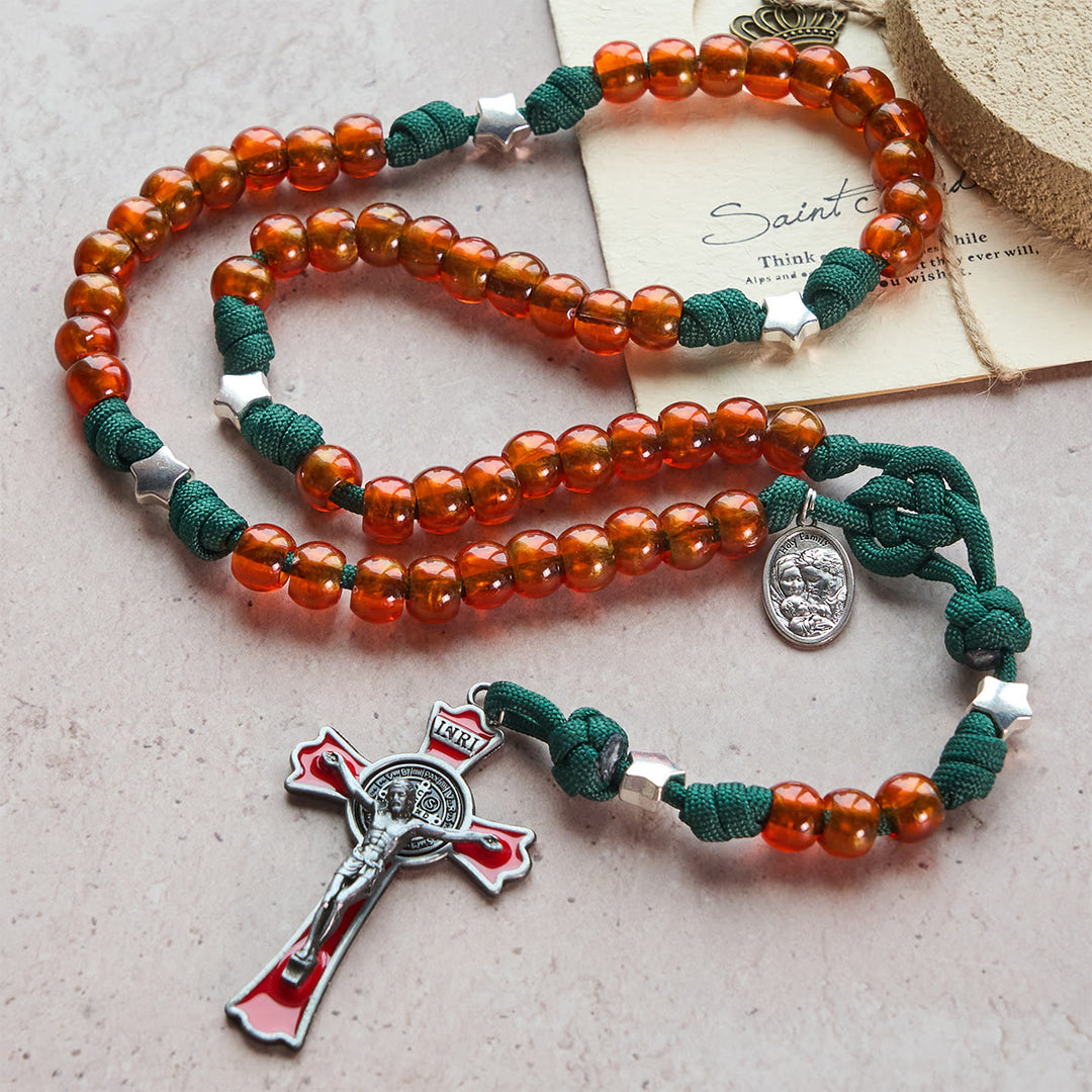 Christianartworkshop Amber-Tone Beads and Green Paracord Christmas Rosary with Holy Family Medal - 1 SET (Five Decade Rosary & Pocket Rosary) - image 0