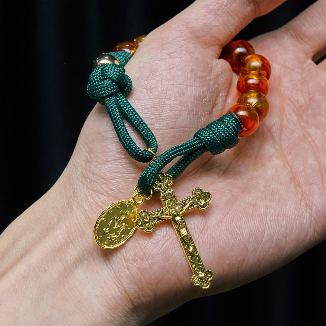 Christianartworkshop Amber-Tone Beads and Green Paracord Christmas Rosary with Holy Family Medal - image 13