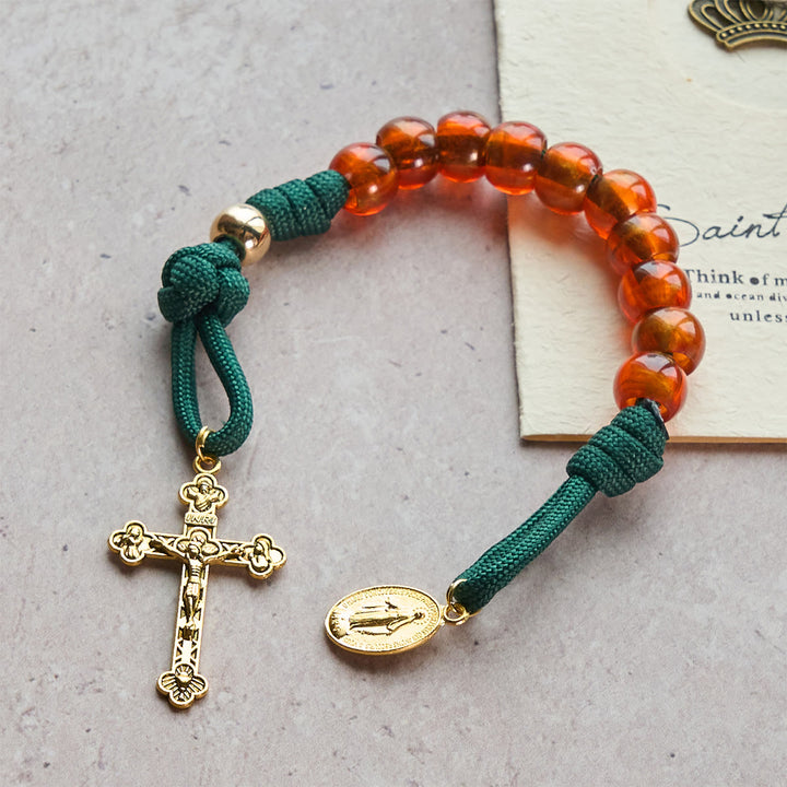 Christianartworkshop Amber-Tone Beads and Green Paracord Christmas Rosary with Holy Family Medal - Pocket Rosary - image 12