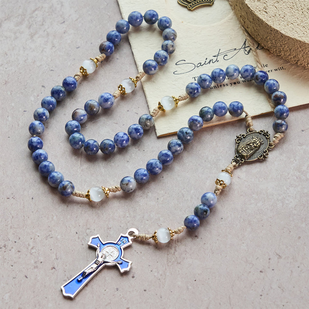 Christianartworkshop Immaculate Heart of Mary & Crucifix of 8 mm Round Blue Stone Nylon Cord Rosary - Silver Crucifix - image 0