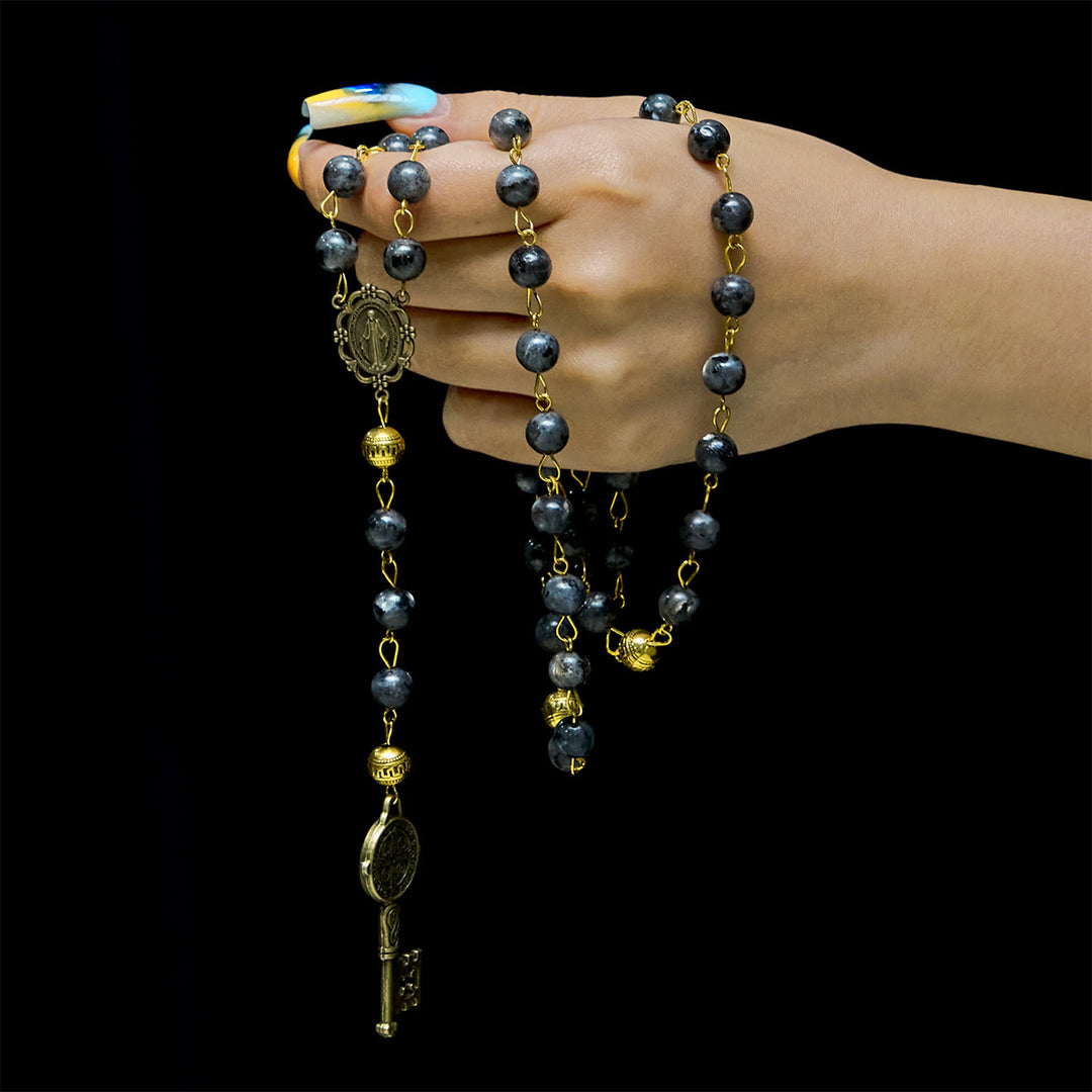 Christianartworkshop Miraculous Medal & Saint Benedict Key of 8 mm Round Black Stone Alloy Chain Rosary - image 7