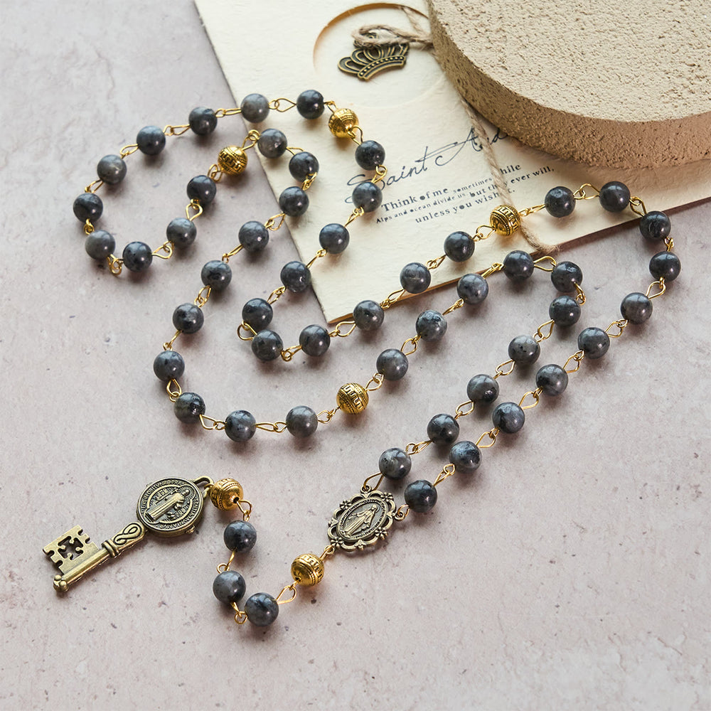Christianartworkshop Miraculous Medal & Saint Benedict Key of 8 mm Round Black Stone Alloy Chain Rosary - image 1
