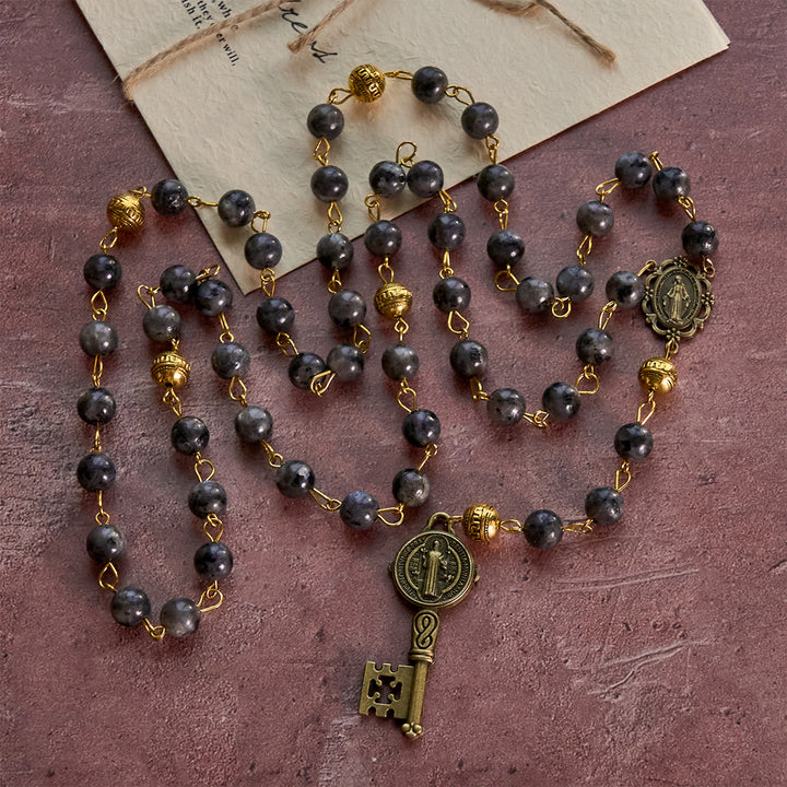 Christianartworkshop Miraculous Medal & Saint Benedict Key of 8 mm Round Black Stone Alloy Chain Rosary - image 2