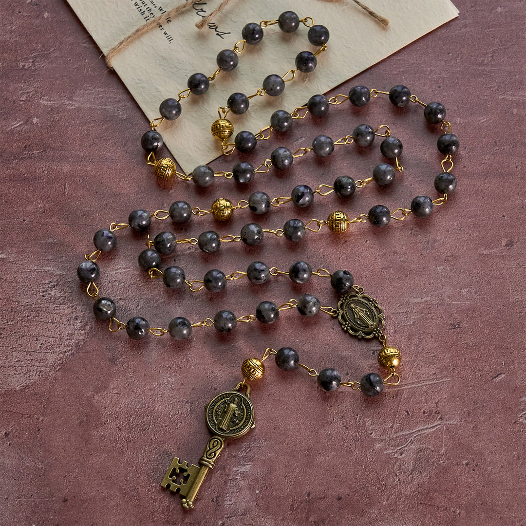 Christianartworkshop Miraculous Medal & Saint Benedict Key of 8 mm Round Black Stone Alloy Chain Rosary - image 3