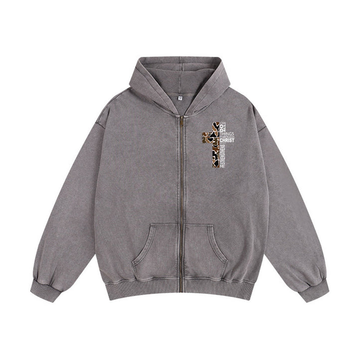 Christianartworkshop Cross Motif Hooded Jacket: All Things Through Christ for Church & Daily - Grey - 2XL - image 4