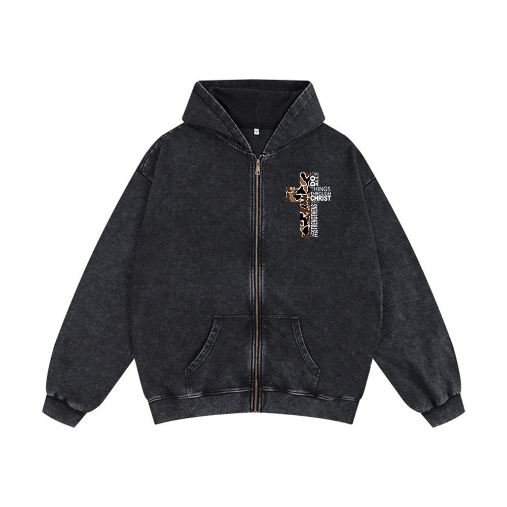 Christianartworkshop Cross Motif Hooded Jacket: All Things Through Christ for Church & Daily - Black - 2XL - image 0