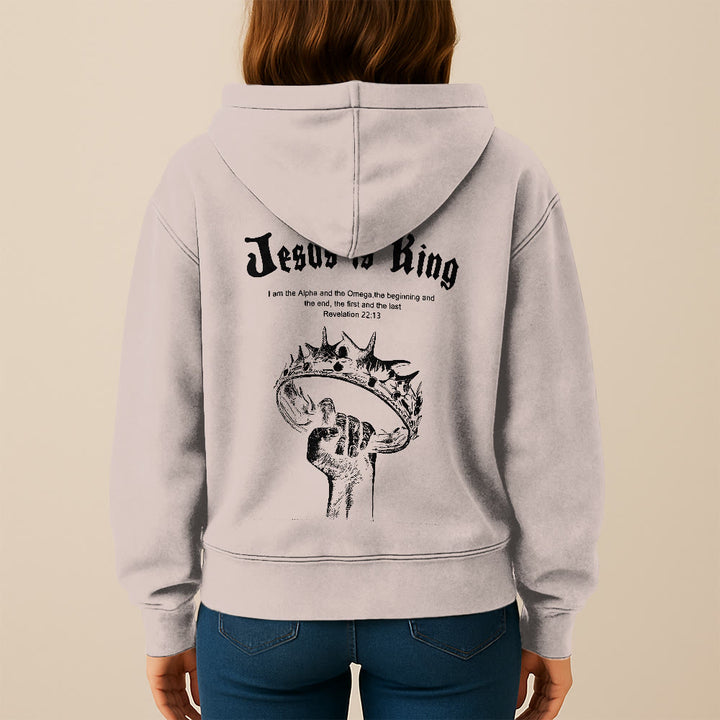 Christianartworkshop Jesus is King Hooded Jacket: Stylish Faith with Revelation 22:13 - image 3