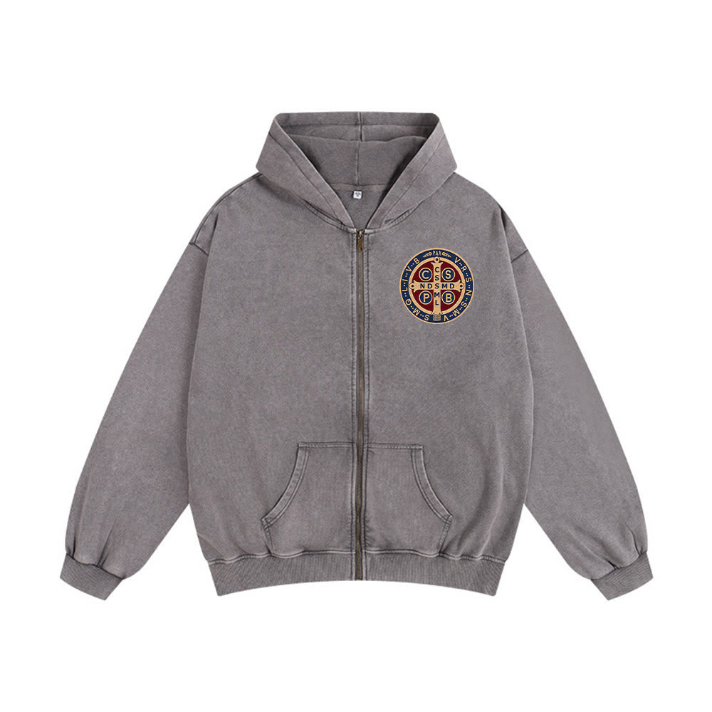 Christianartworkshop St. Benedict Cross Hooded Jacket: Faith Protection for Daily Wear - Grey - 2XL - image 0