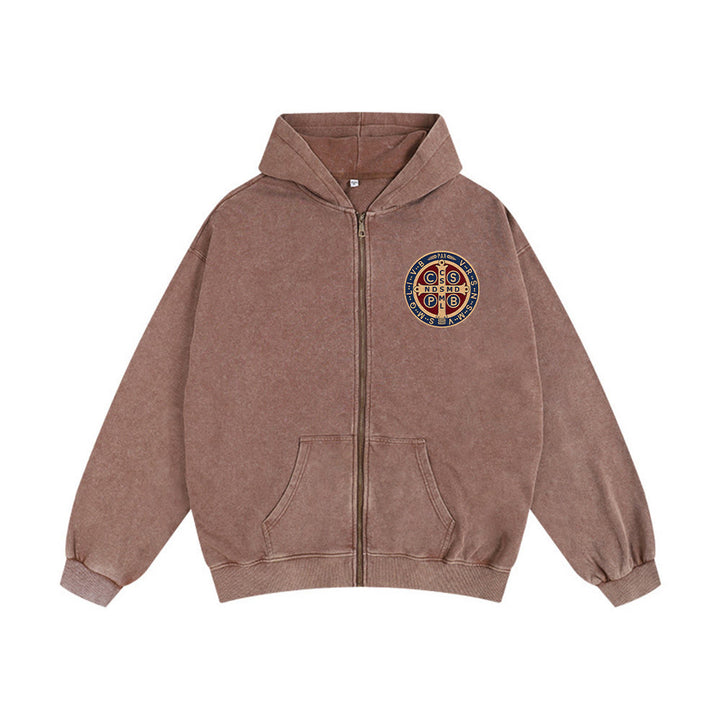 Christianartworkshop St. Benedict Cross Hooded Jacket: Faith Protection for Daily Wear - Coffee - 2XL - image 4