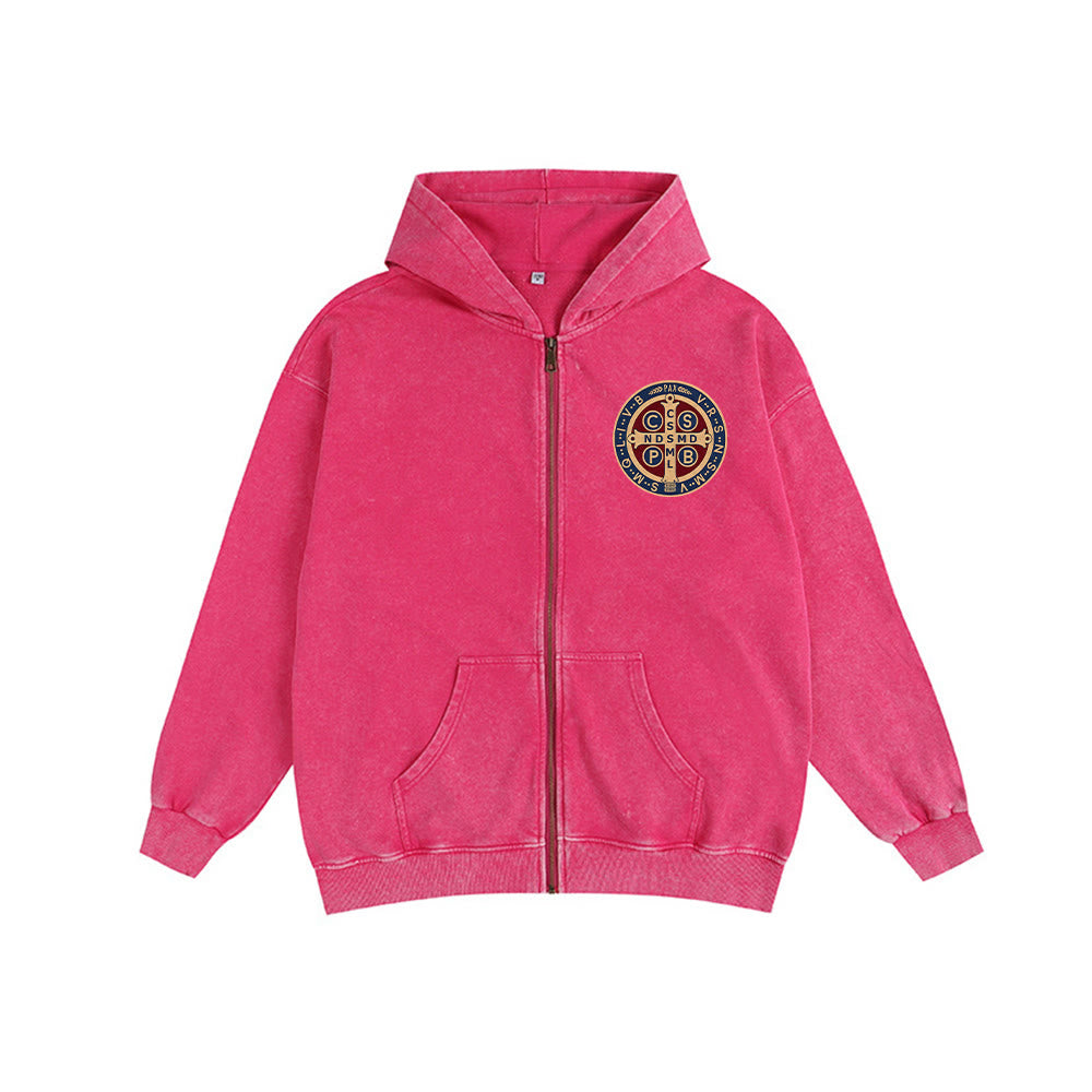 Christianartworkshop St. Benedict Cross Hooded Jacket: Faith Protection for Daily Wear - Rose - 2XL - image 13