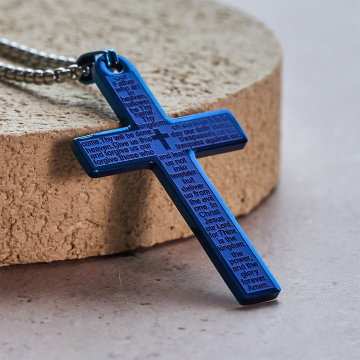 Christianartworkshop Stainless Steel Lord's Prayer Pendant Cross Necklace - Blue - image 2