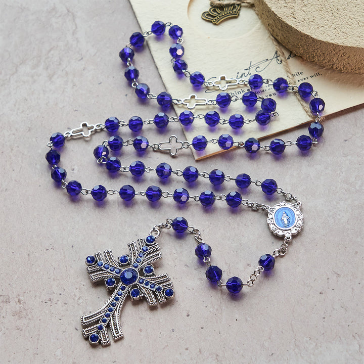 Christianartworkshop Miraculous Medal & Cross of 8 mm Polyhedron Blue Crystal Alloy Chain Rosary - image 1