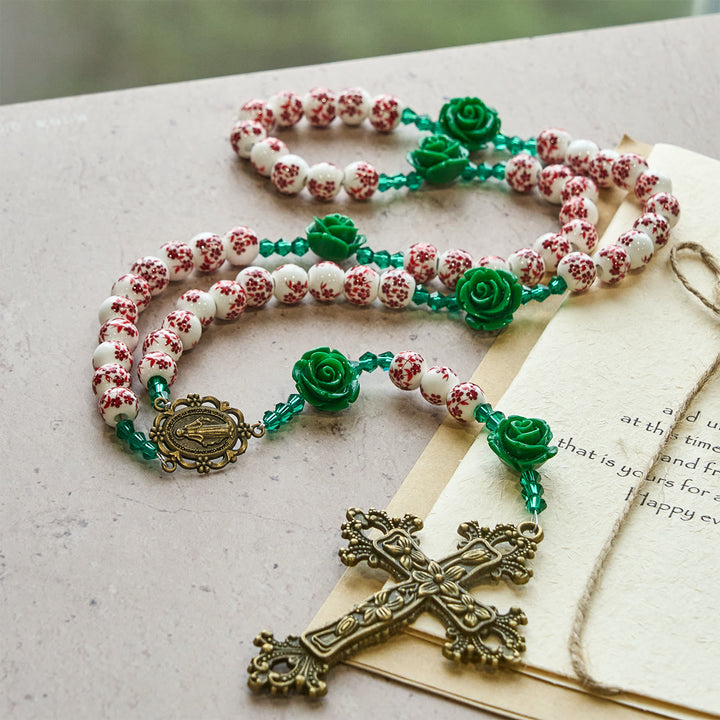 Christianartworkshop Christmas Gift: Red Floral Ceramic Beads Rosary with Green Rose: The Garden of Mary's Love - image 7