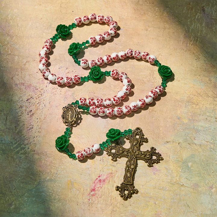 Christianartworkshop Christmas Gift: Red Floral Ceramic Beads Rosary with Green Rose: The Garden of Mary's Love - image 10