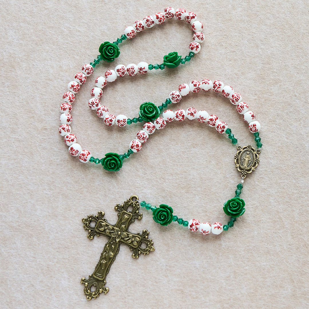 Christianartworkshop Christmas Gift: Red Floral Ceramic Beads Rosary with Green Rose: The Garden of Mary's Love - image 6