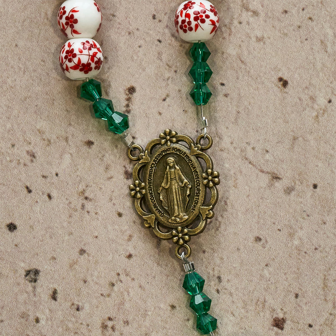 Christianartworkshop Red Floral Ceramic Beads Rosary with Green Rose: The Garden of Mary's Love - image 9