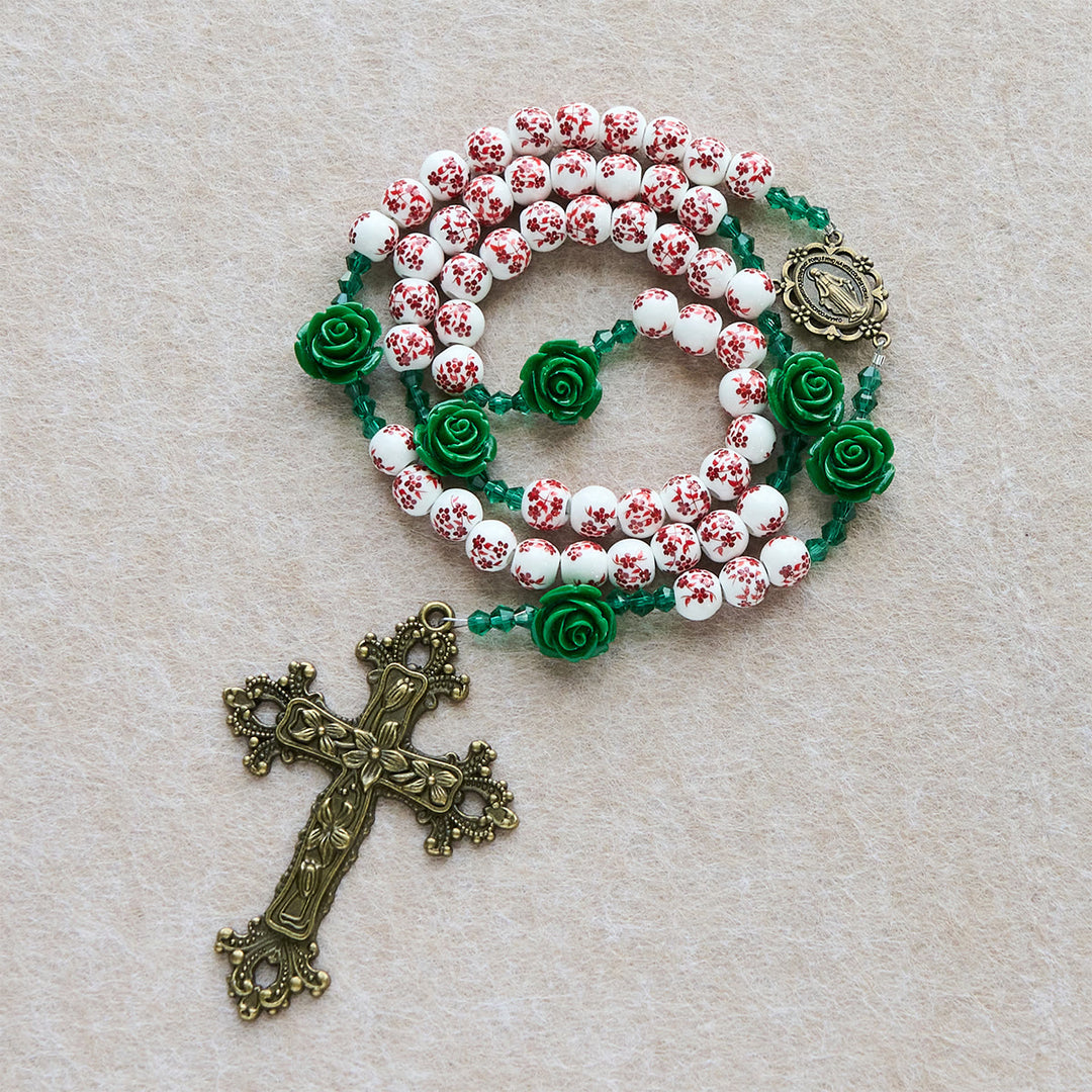 Christianartworkshop Red Floral Ceramic Beads Rosary with Green Rose: The Garden of Mary's Love - Red Floral Ceramic - image 0
